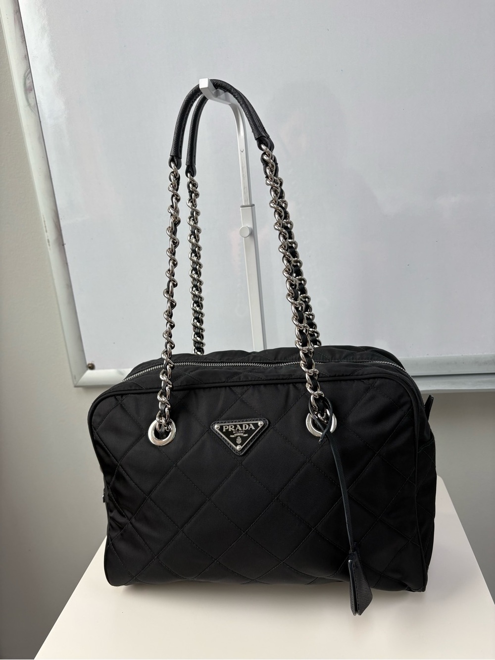 Prada Tessuto Black Quilted Nylon Shoulder Bag with Silver Chain Straps